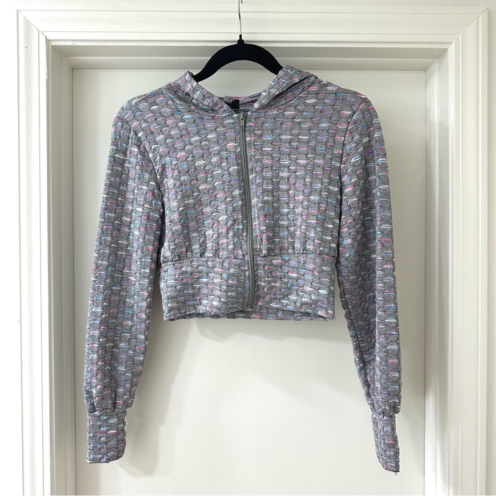 Gray & Pink Cropped Textured Hoodie, Size S